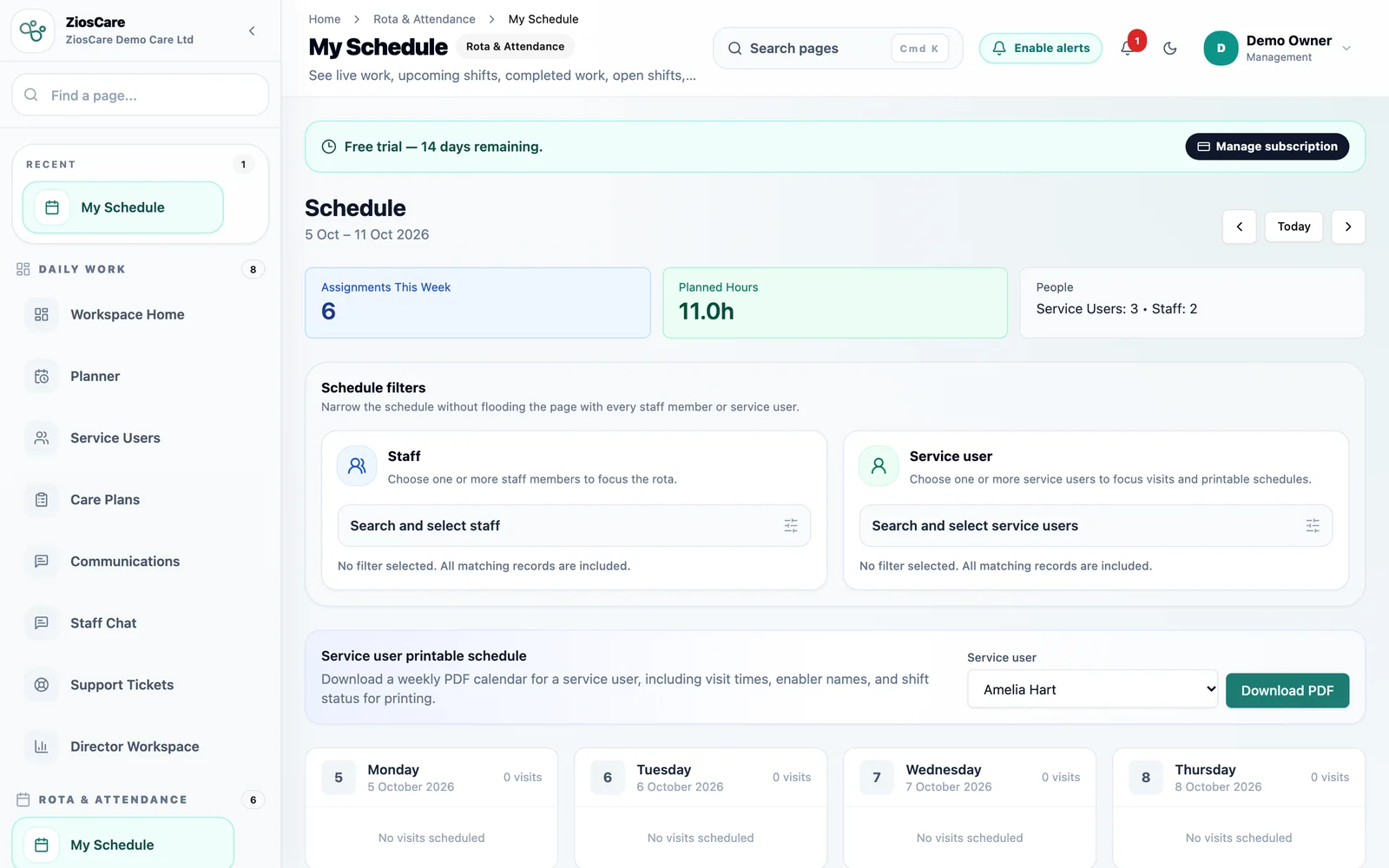 Schedule monitoring view showing checked-in and overdue visits